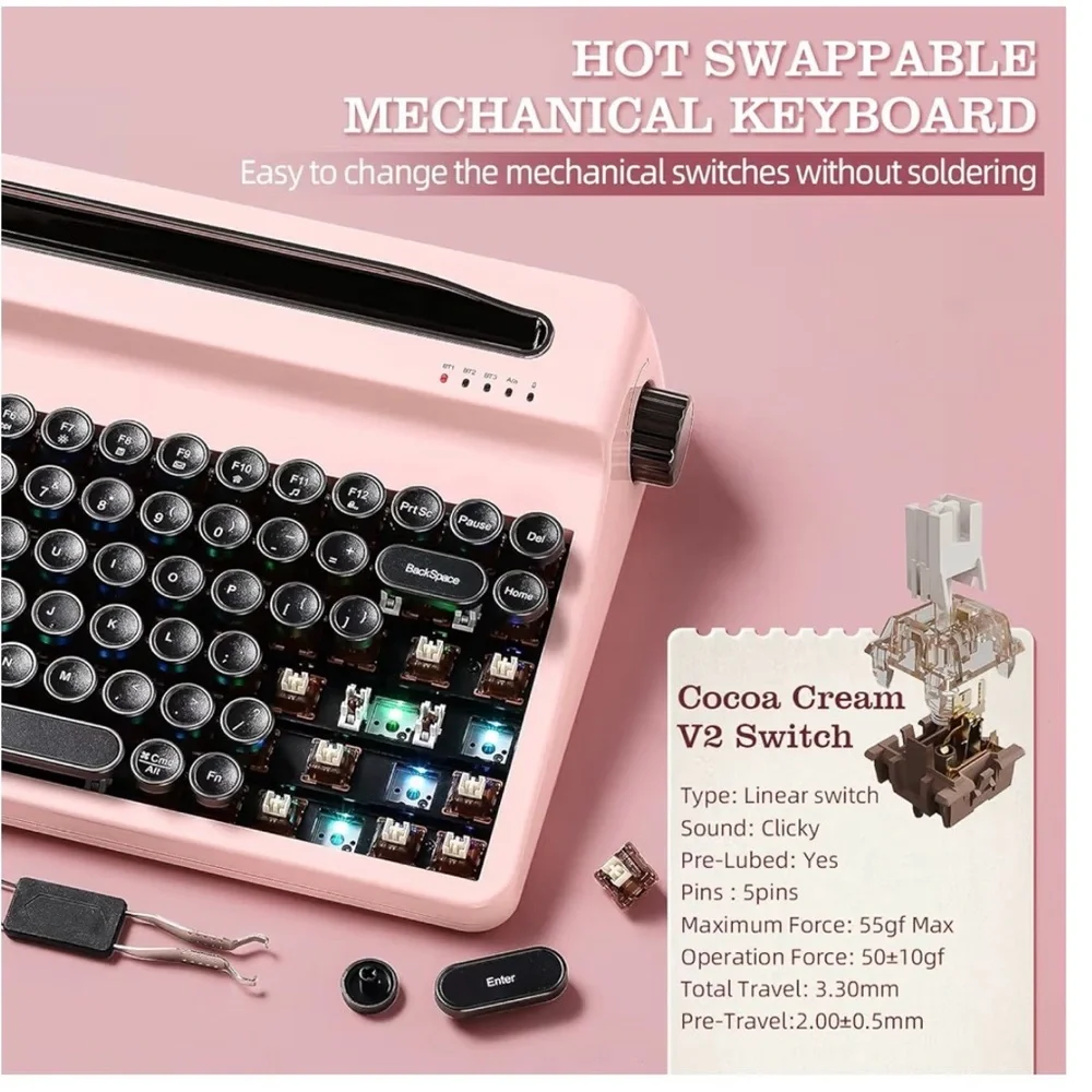 YUNZII QL75 Wireless Typewriter Hot Swap Retro Mechanical Keyboard.